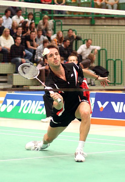 Kristof Hopp beim Badminton-Länderspiel Deutschland - England in Wuppertal, Foto: Frank Kossiski