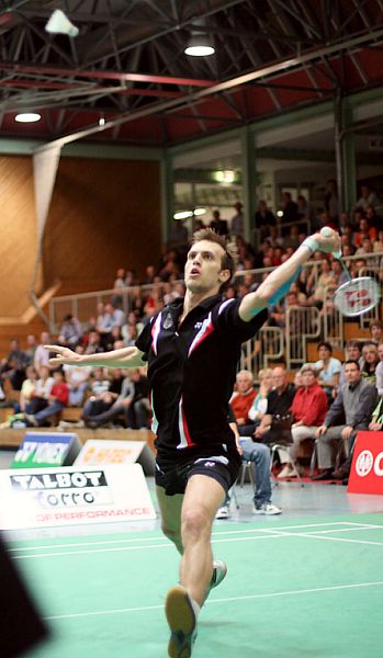 Marc Zwiebler beim Badminton-Länderspiel Deutschland - England in Heilbronn, Foto: Frank Kossiski