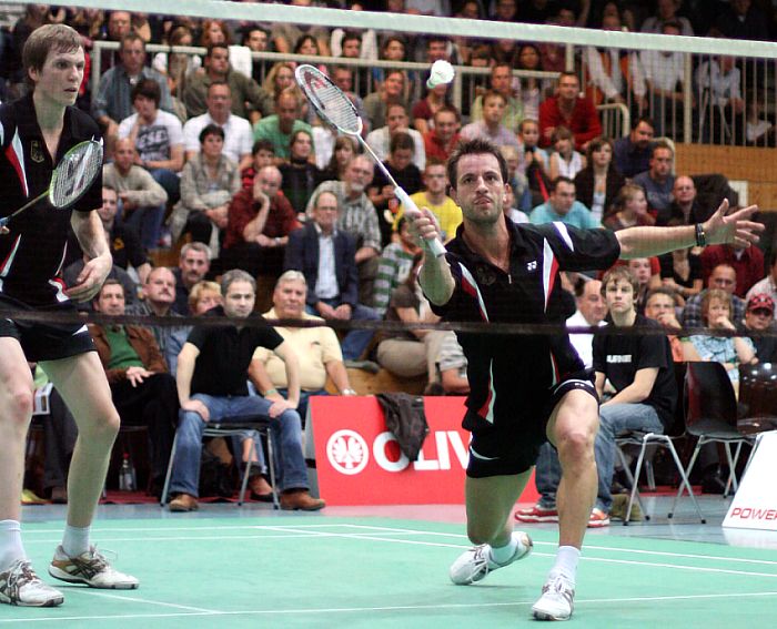 Kristof Hopp und Johannes Schöttler beim Badminton-Länderspiel Deutschland - England in Heilbronn, Foto: Frank Kossiski
