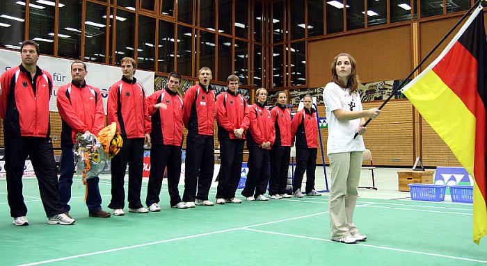 Deutsche Nationalmannschaft beim Badminton-Länderspiel Deutschland - England in Erlangen, Foto: Frank Kossiski